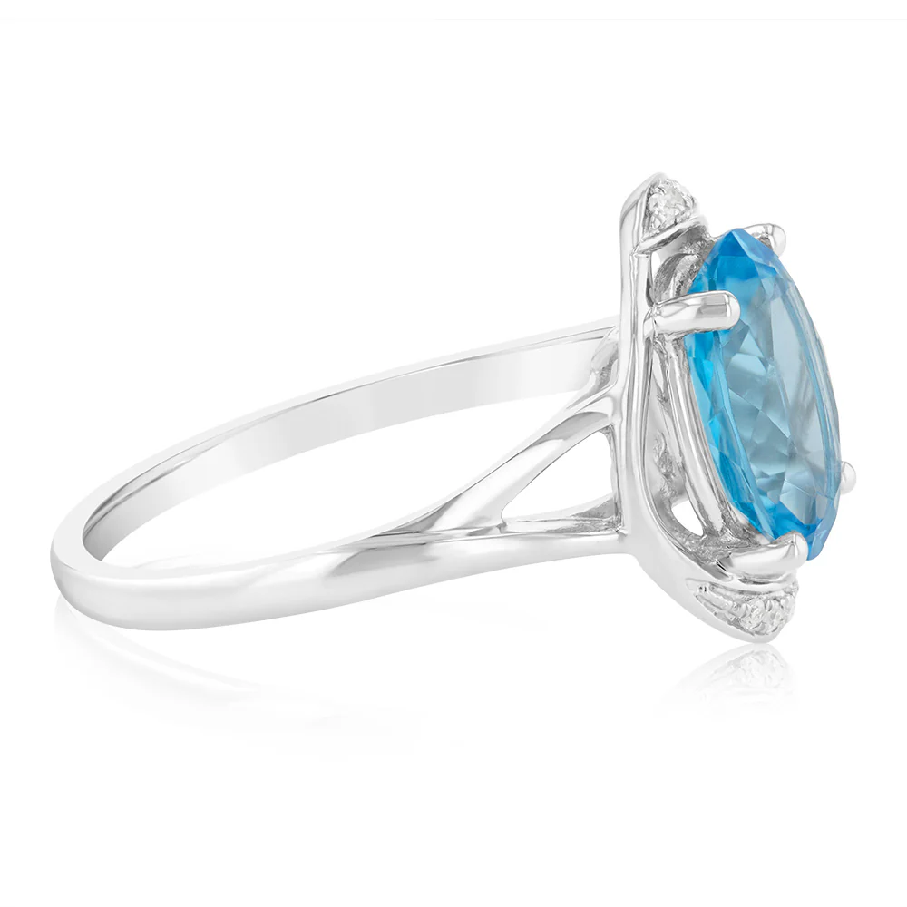 9ct White Gold Natural Blue Topaz And Diamond Ring - Image 2