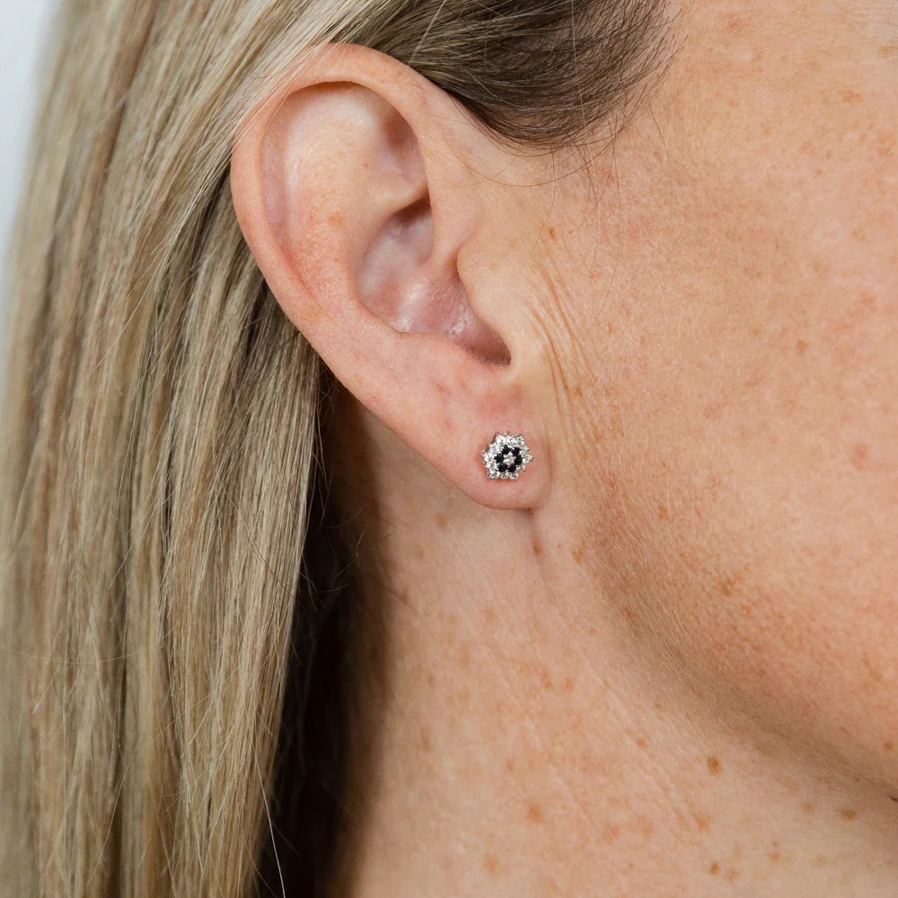 9ct White Gold Natural Sapphire and Zirconia Flower Studs - Image 2