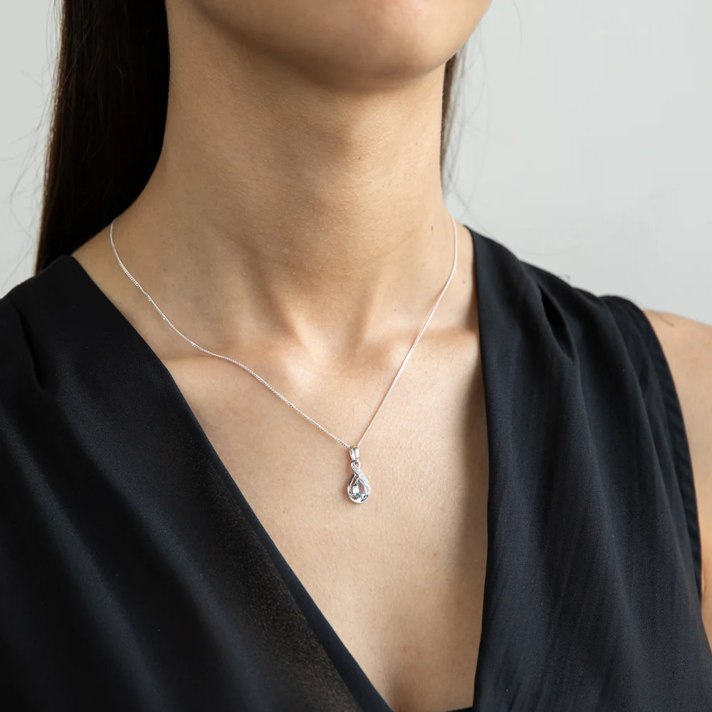 9ct White Gold Pear Shaped Aquamarine + Diamond Pendant - Image 2