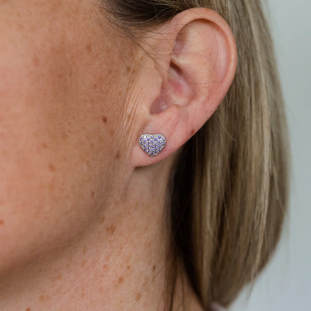 9ct White Gold Purple Cubic Zirconia Pave Heart Stud Earrings - Image 2