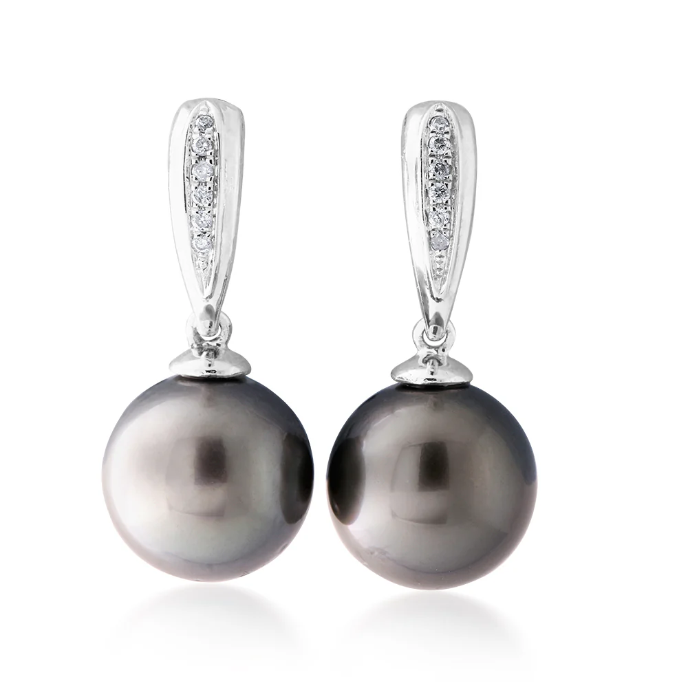 9ct White Gold Tahitian Pearl & Diamond  Drop Earrings - Image 2