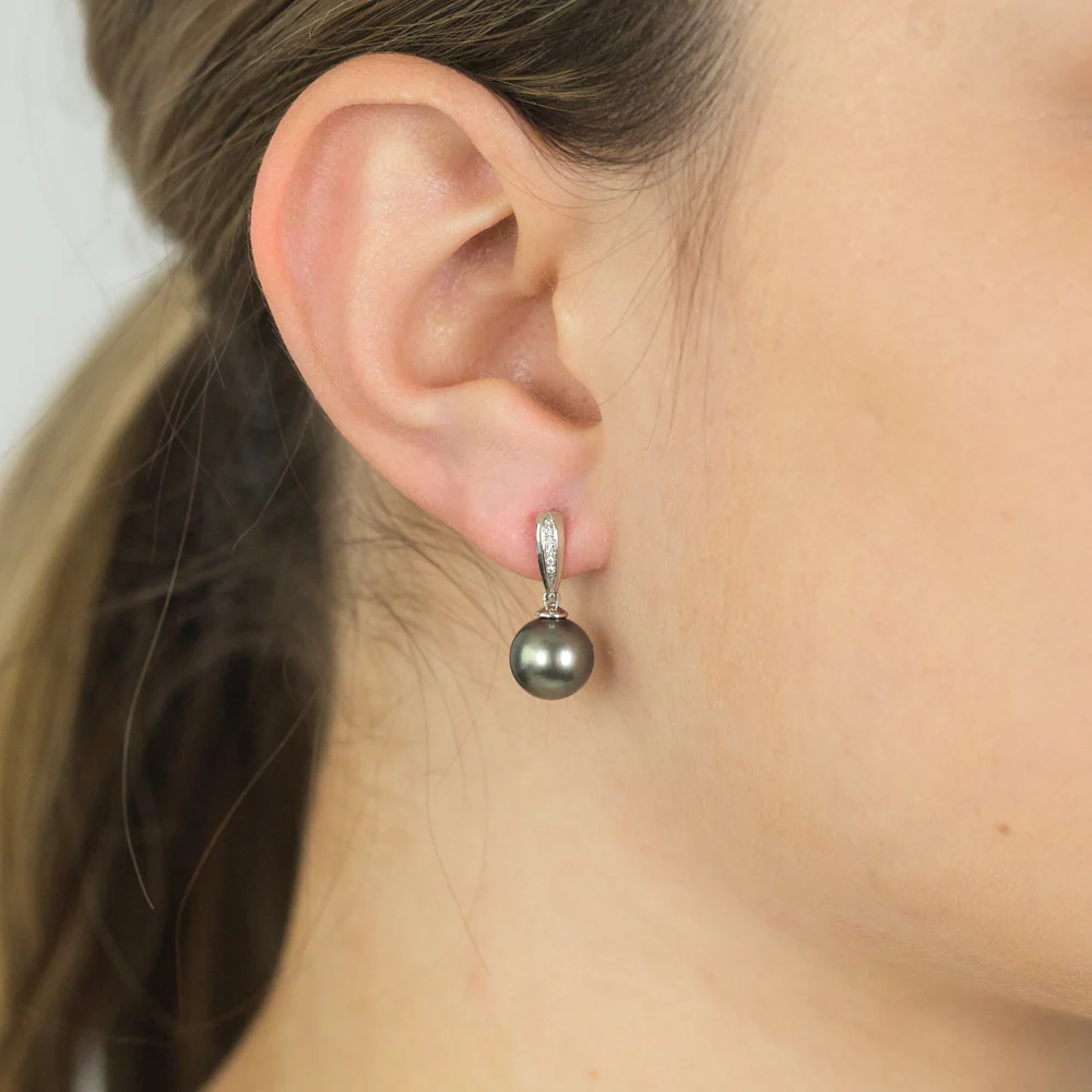 9ct White Gold Tahitian Pearl & Diamond  Drop Earrings - Image 3
