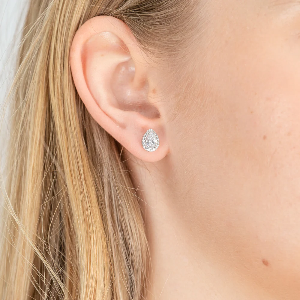 9ct White Gold Zirconia Pear Shape Halo Studs - Image 2