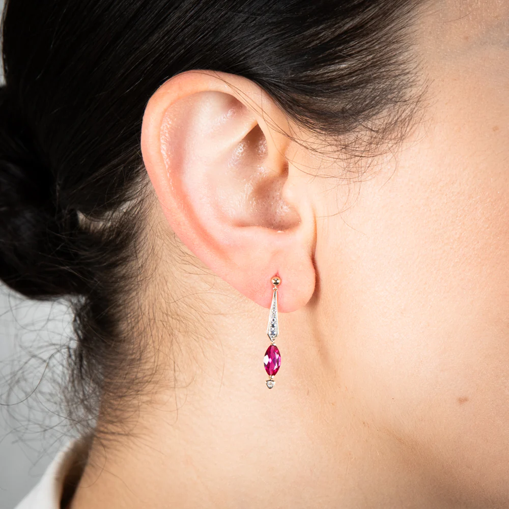 9ct Yellow And White Gold Created Ruby And Diamond Drop Earrings - Image 2