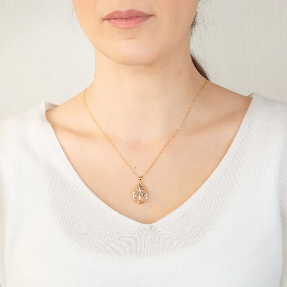 9ct Yellow And White Gold Flower In Pear Shape Pendant - Image 2