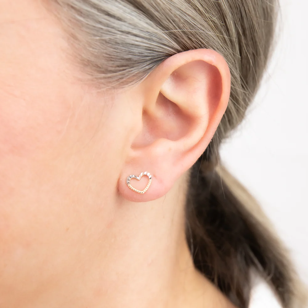 9ct Yellow And White Gold Small Open Heart Stud Earrings - Image 2