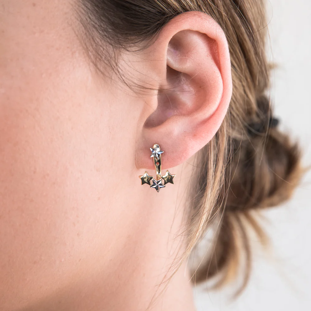 9ct Yellow And White Gold Two Tone Stars Earjacket Earrings - Image 2