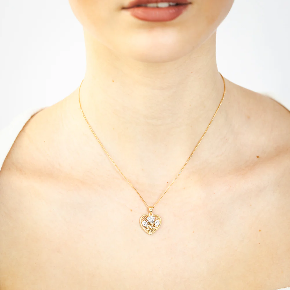 9ct Yellow And White Tone Gold Flowers Textured Heart Pendant - Image 2