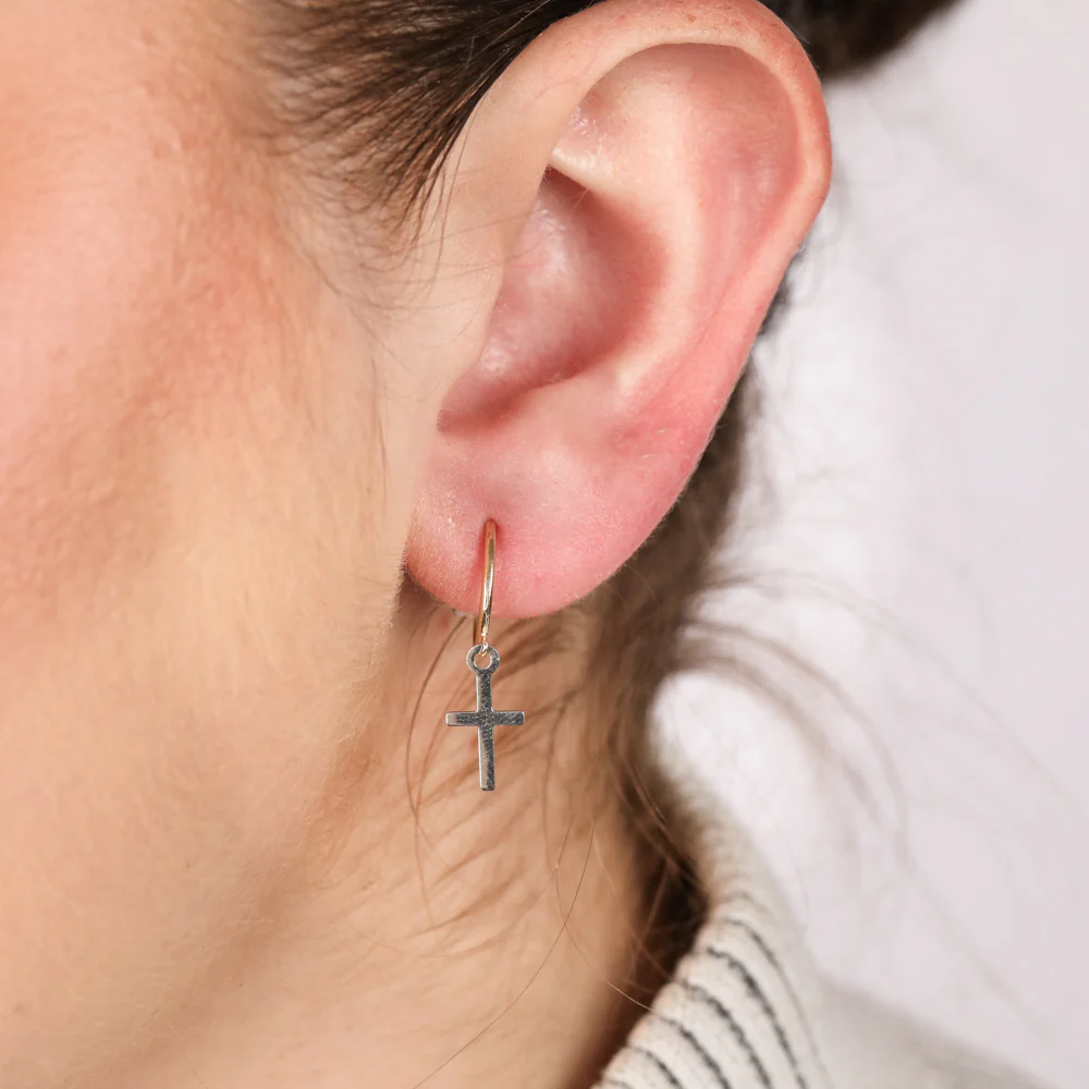 9ct Yellow And White Two Tone Gold Cross On Sleeper Earrings - Image 2