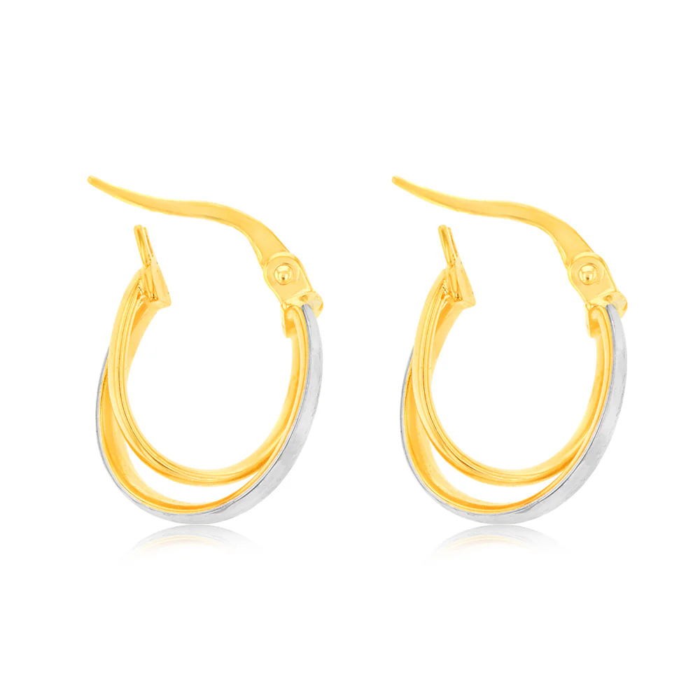 9ct Yellow and White Two-Tone Gold Textured Fancy Elongated Hoop Earrings - Image 2