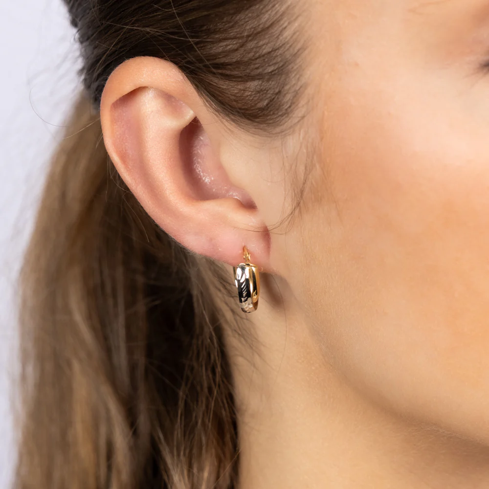 9ct Yellow and White Two-Tone Gold Textured Fancy Elongated Hoop Earrings - Image 3