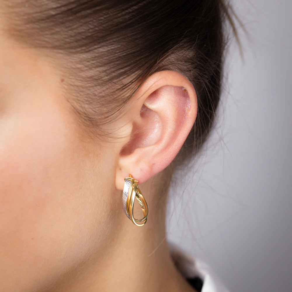 9ct Yellow And White Two-Tone Gold Triple Strand Twisted Hoop Earrings - Image 2