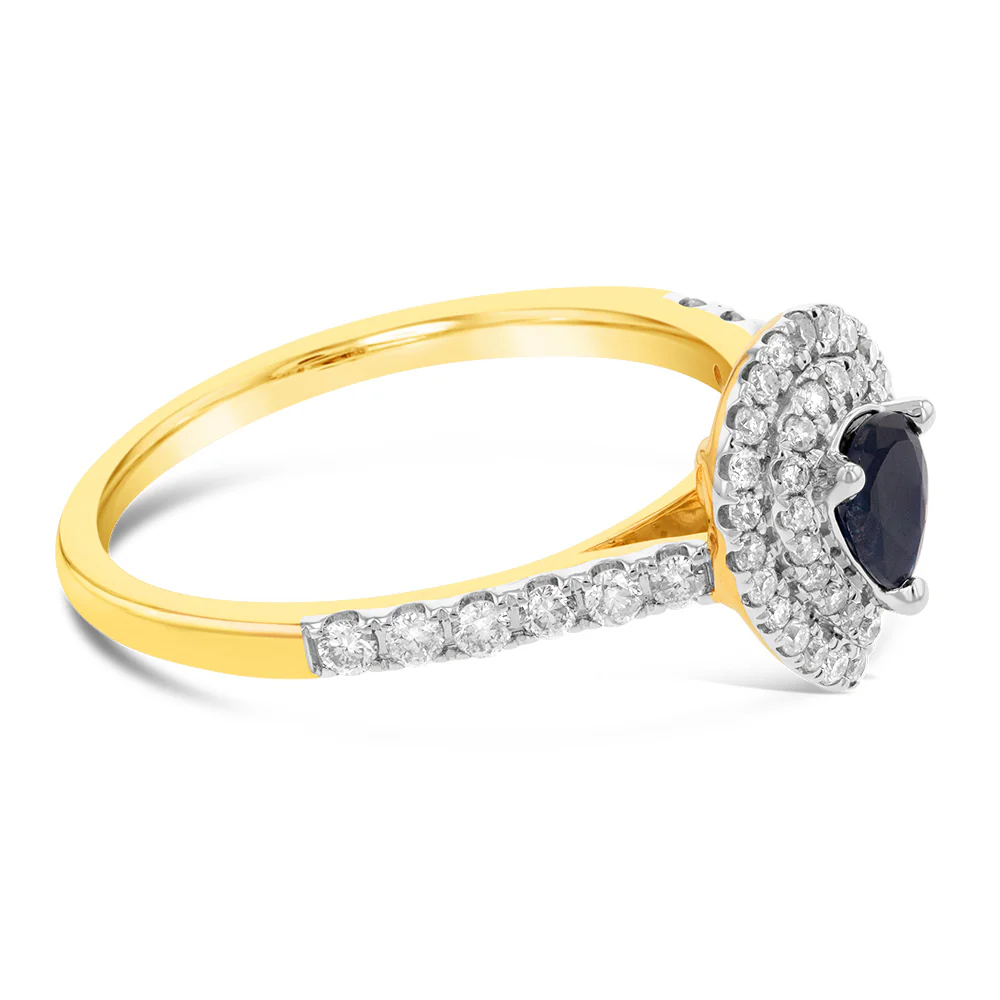 9ct Yellow Gold 0.30ct Natural Black Sapphire and 1/3ct Diamond Double Halo Pear Ring - Image 2