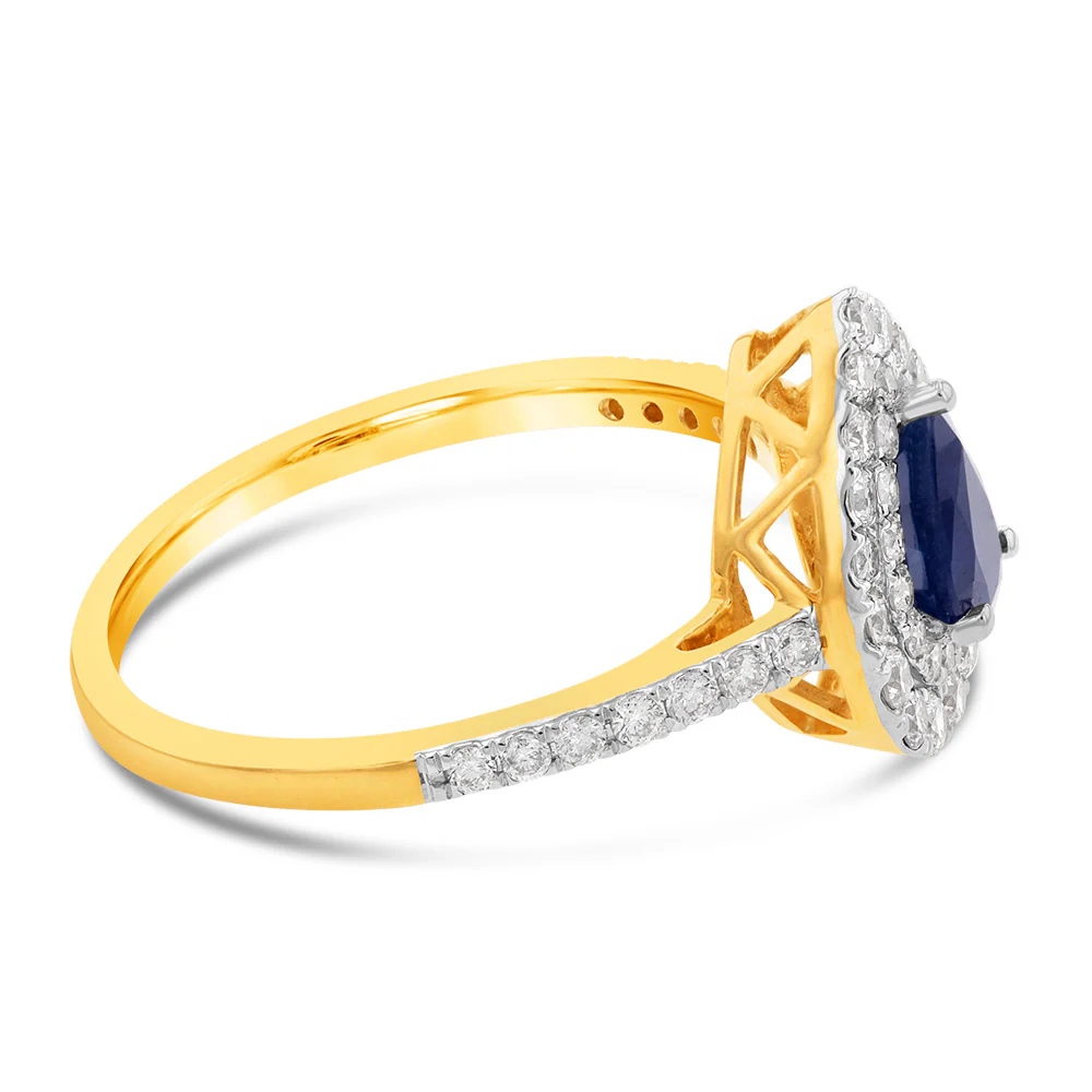 9ct Yellow Gold 0.59ct Natural Black Sapphire and 1/2ct Diamond Double Halo Pear Ring - Image 2