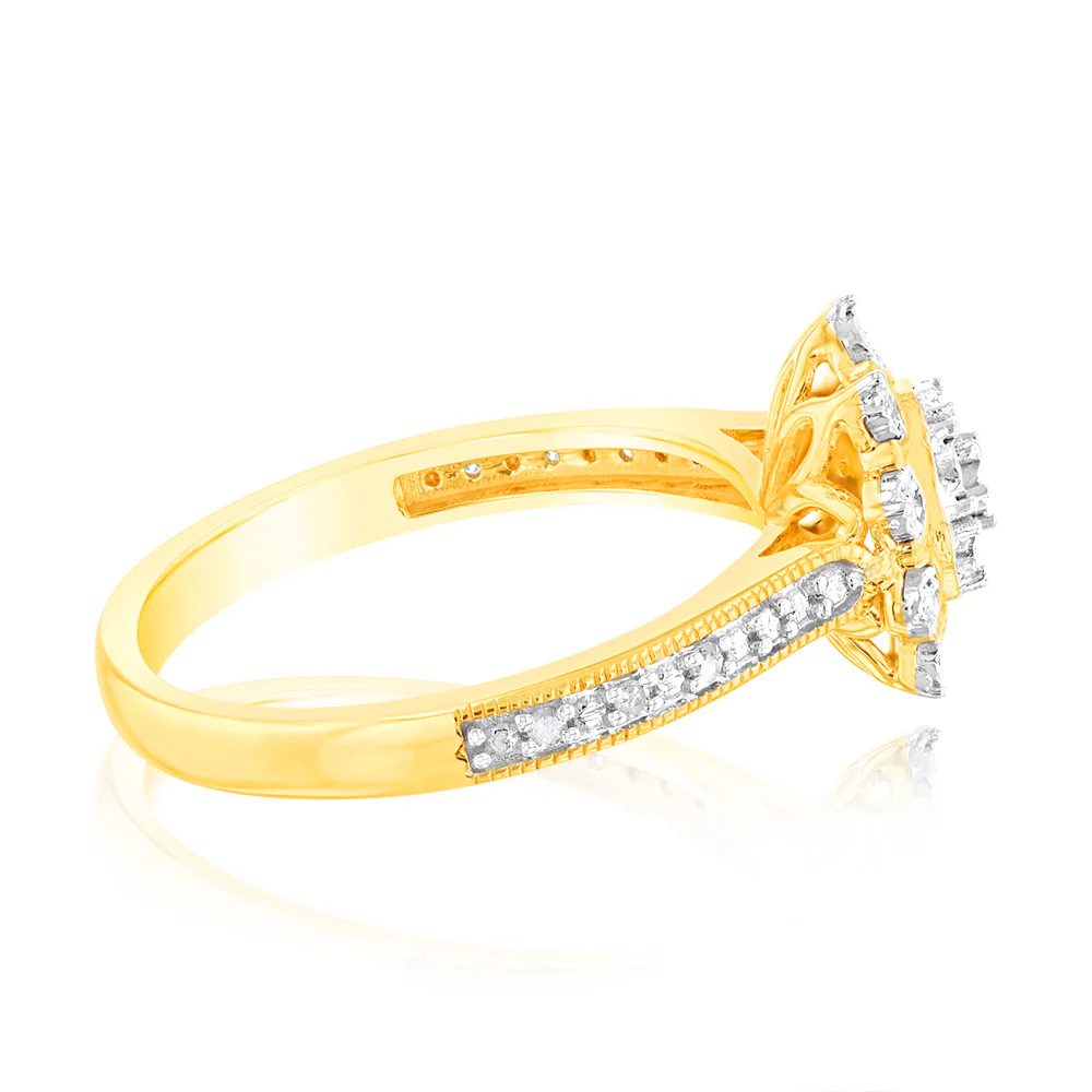 9ct Yellow Gold 1/10 Carat Diamond Cluster Ring with 27 Round Brilliant Diamonds - Image 2