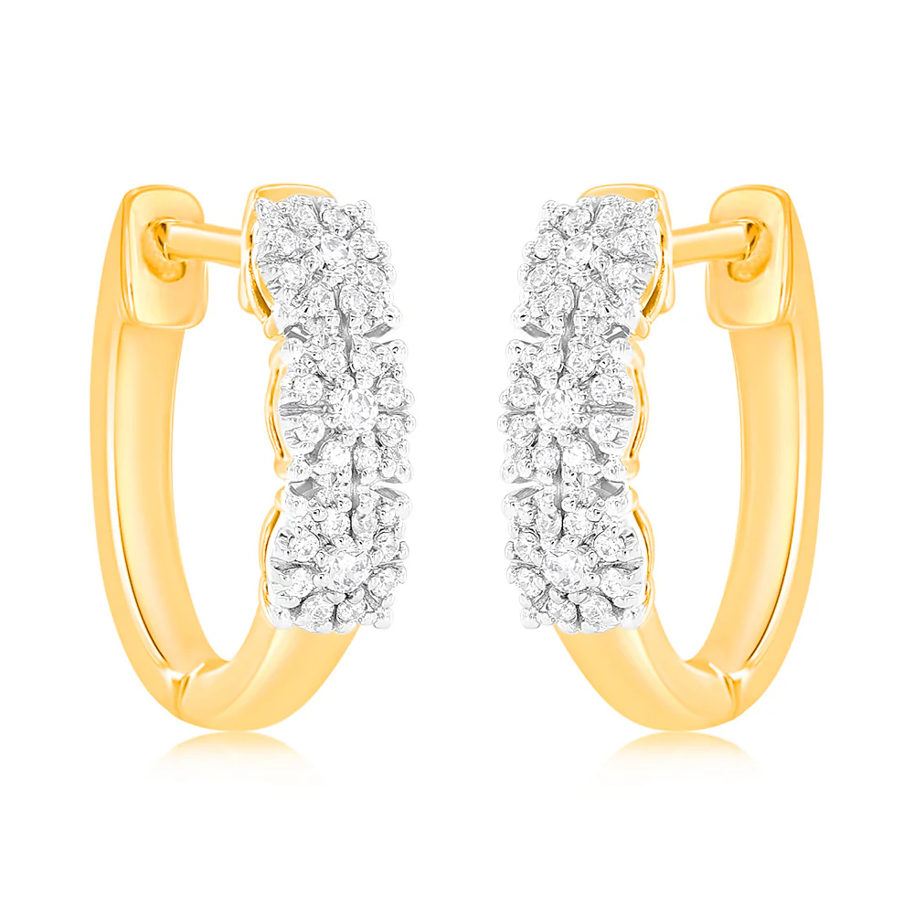 9ct Yellow Gold 1/10 Carat Diamond Hoop Earrings set with 54 Round Brilliant Cut Diamonds - Image 2