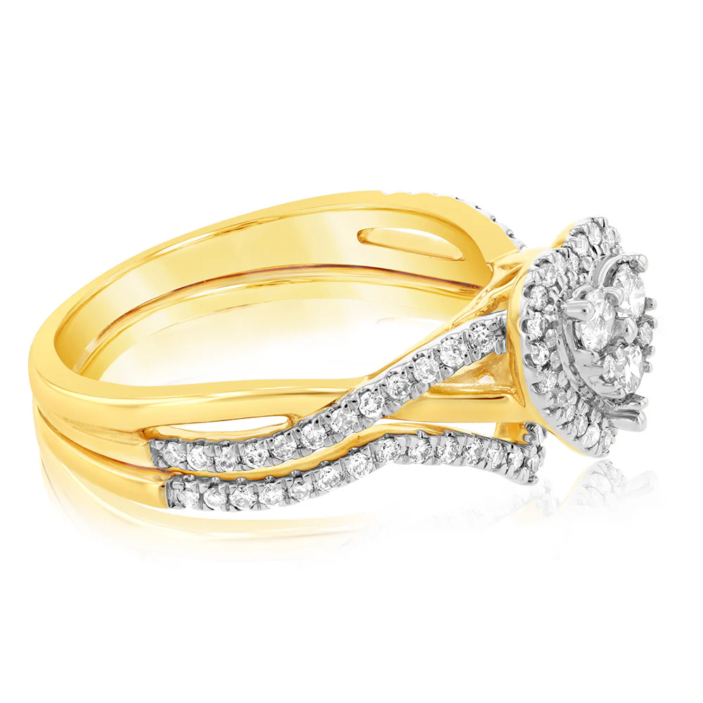 9ct Yellow Gold 1/2 Carat Diamond Bridal 2-Ring Set with Heart Shape Cluster - Image 2