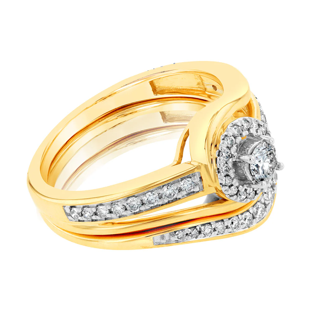 9ct Yellow Gold 1/2 Carat Diamond Bridal Set Ring with Halo Setting - Image 2
