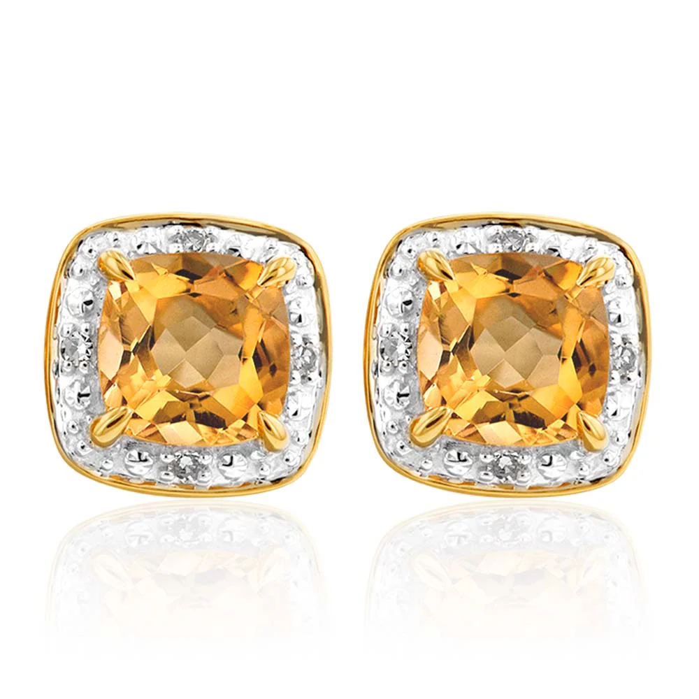 9ct Yellow Gold 1/2ct Citrine and Diamond Cushion Cut Stud Earrings - Image 2