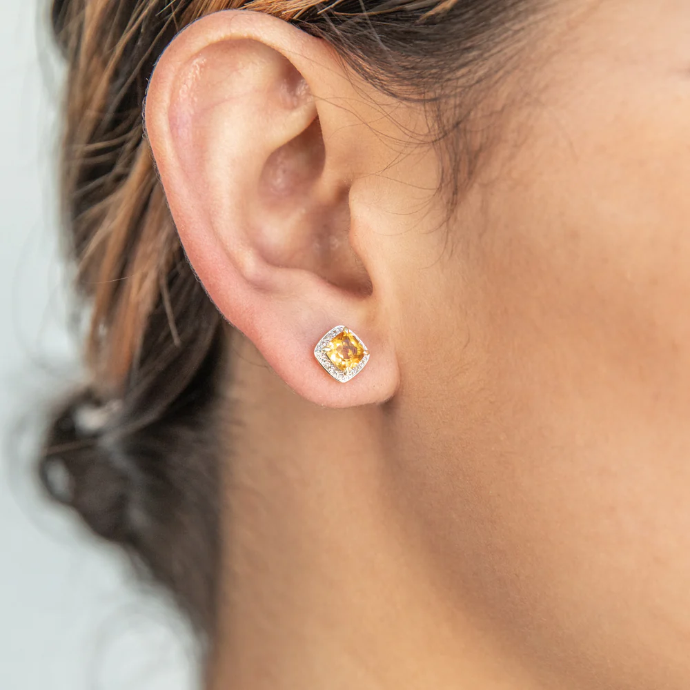 9ct Yellow Gold 1/2ct Citrine and Diamond Cushion Cut Stud Earrings - Image 3