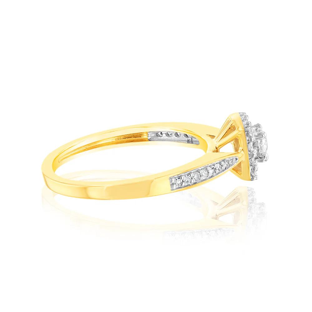 9ct Yellow Gold 1/3 Carat Diamond Halo Solitaire Ring with 12 Side Diamonds - Image 2
