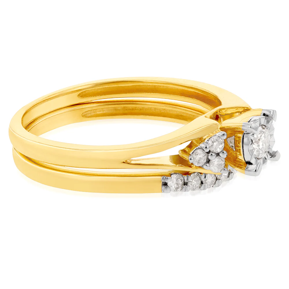 9ct Yellow Gold 1/4 Carat Diamond Bridal Ring Set - Image 2