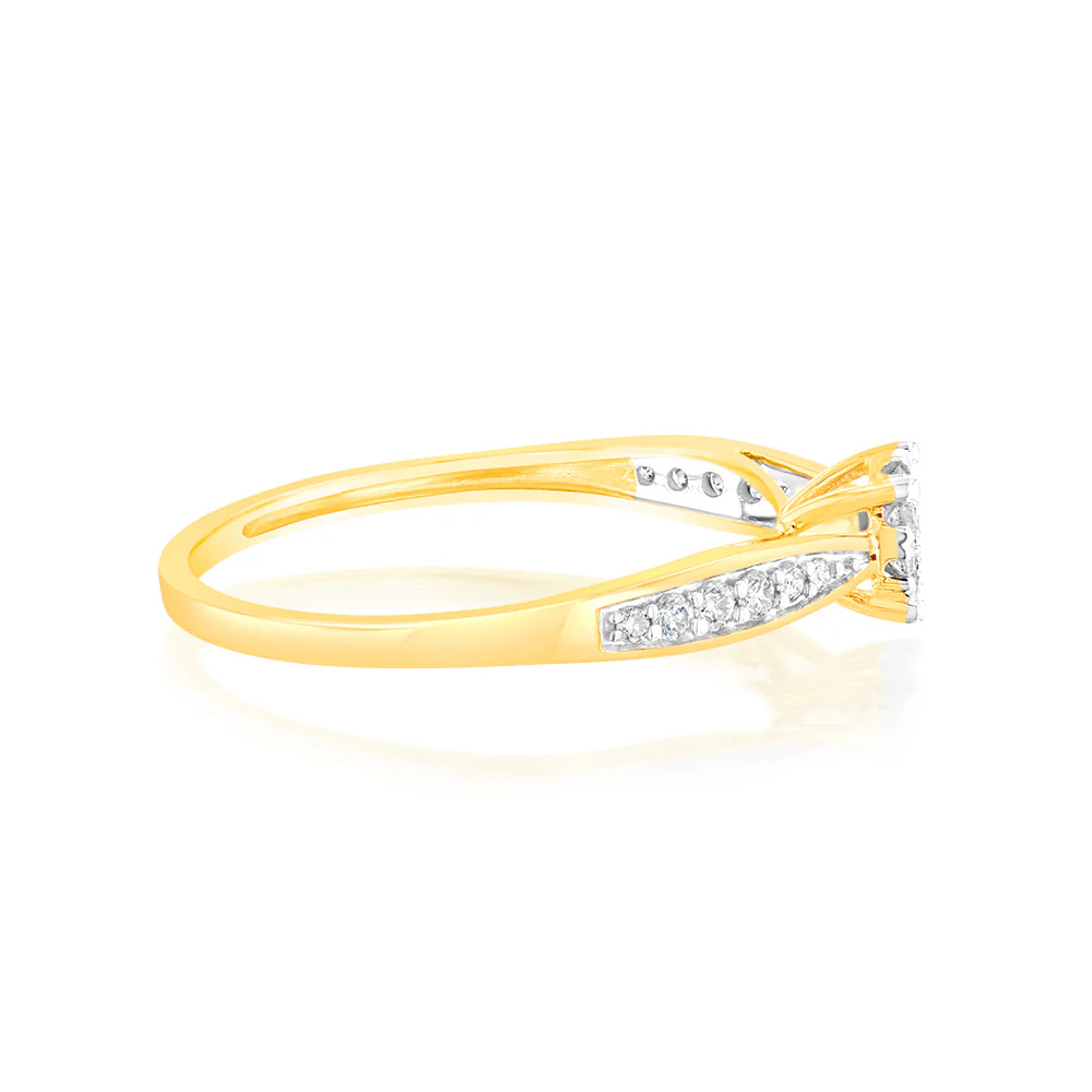 9ct Yellow Gold 1/4 Carat Diamond Halo Solitaire Ring with Diamond 12 Side Diamonds - Image 2