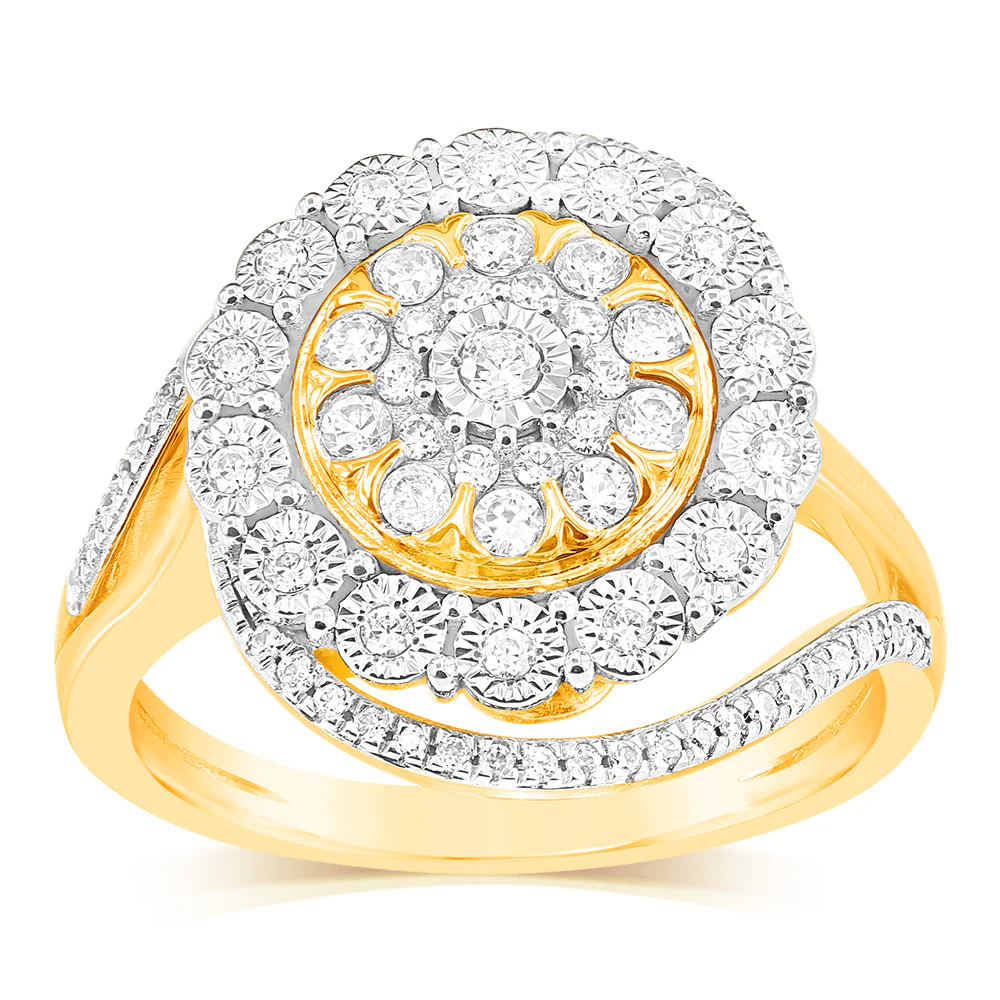9ct Yellow Gold 1/4 Carat Diamond Ring with 85 Round Brilliant Cut Diamonds - Image 2