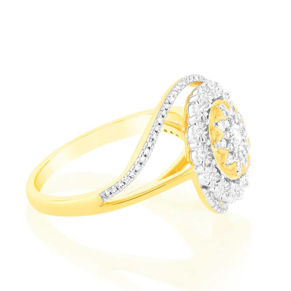 9ct Yellow Gold 1/4 Carat Diamond Ring with 85 Round Brilliant Cut Diamonds - Image 3