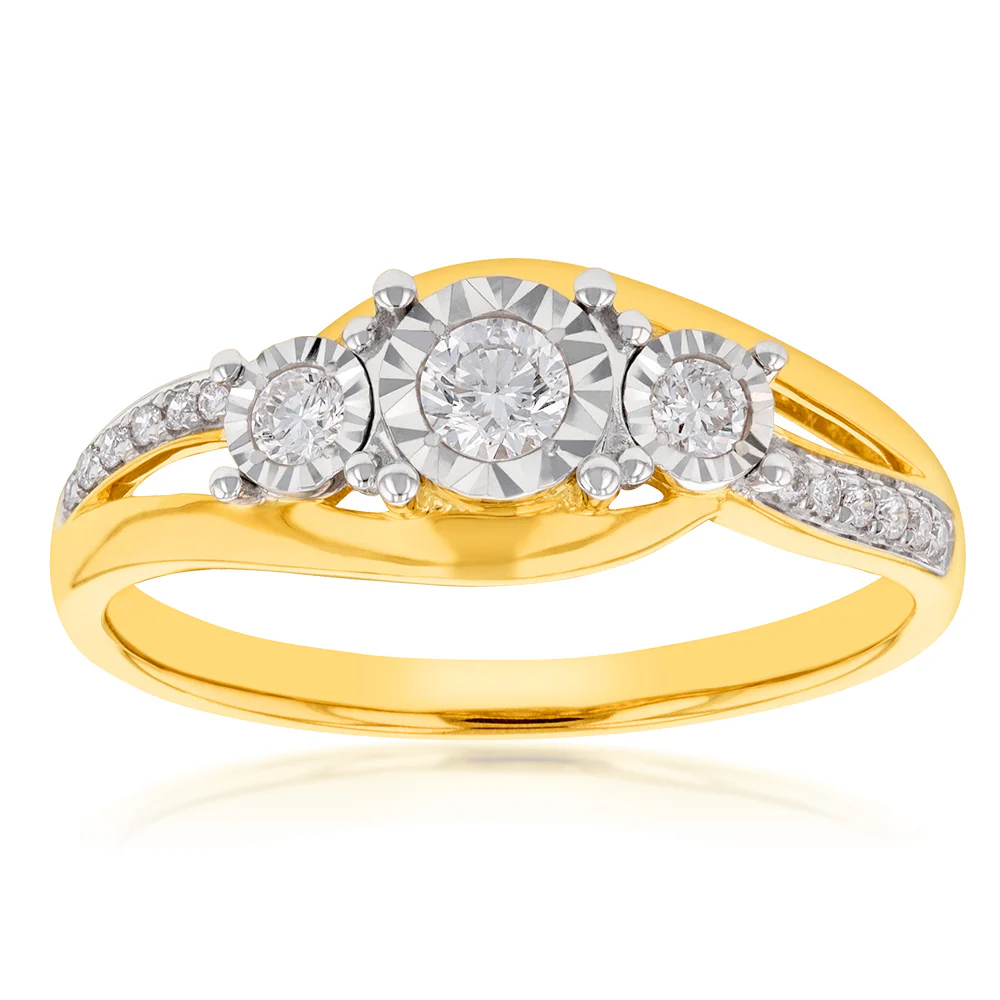 9ct Yellow Gold 1/4 Carat Diamond Trilogy Ring both - Image 2