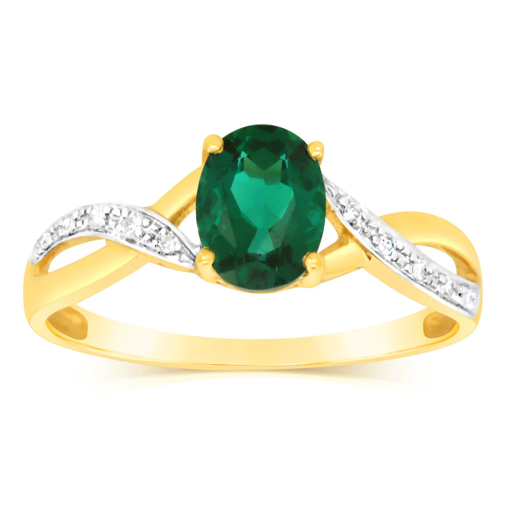 9ct Yellow Gold 1.8 Carat Created Emerald & 10Diamonds Ring - Image 2