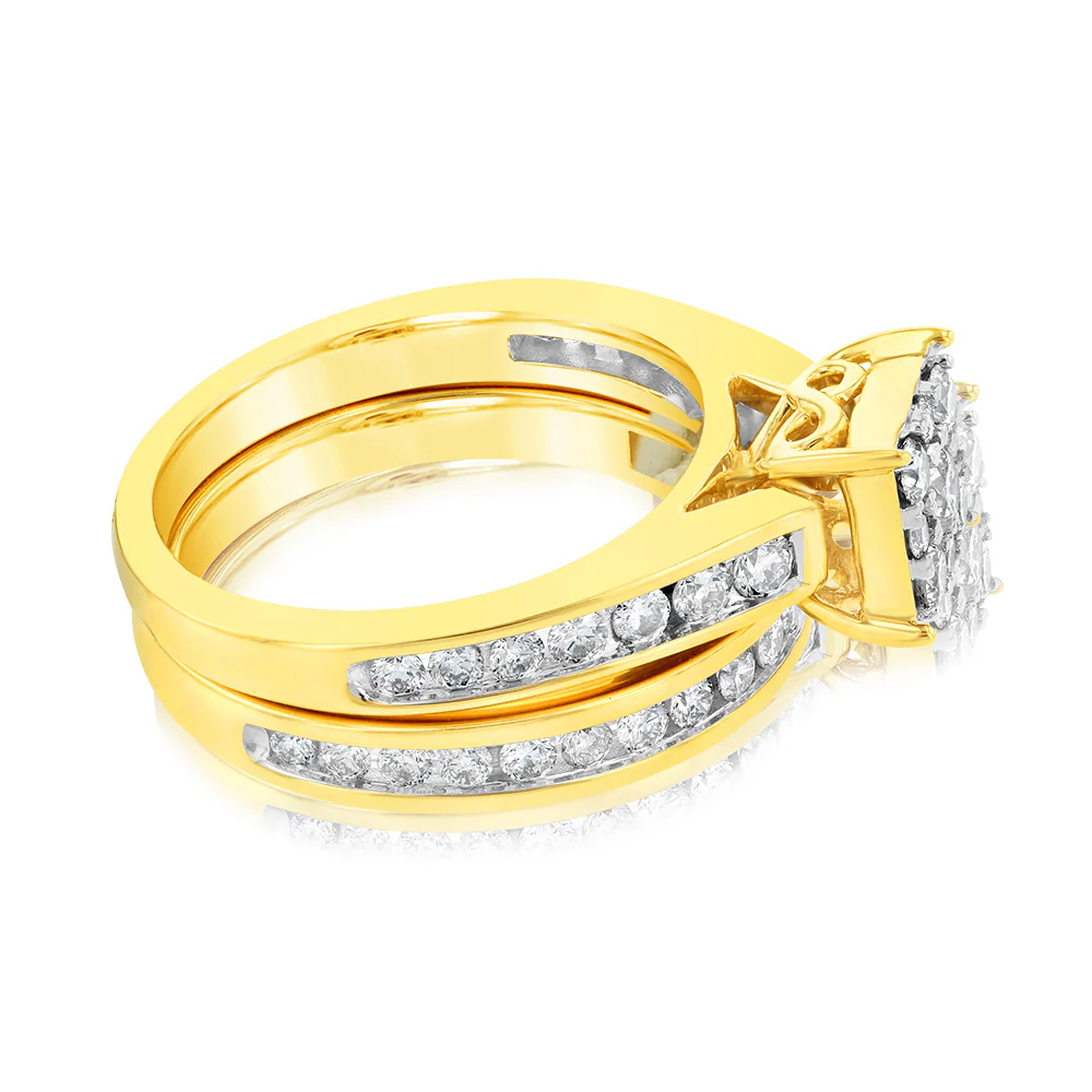 9ct Yellow Gold 1 Carat Diamond Bridal Set Ring with Halo Setting - Image 2
