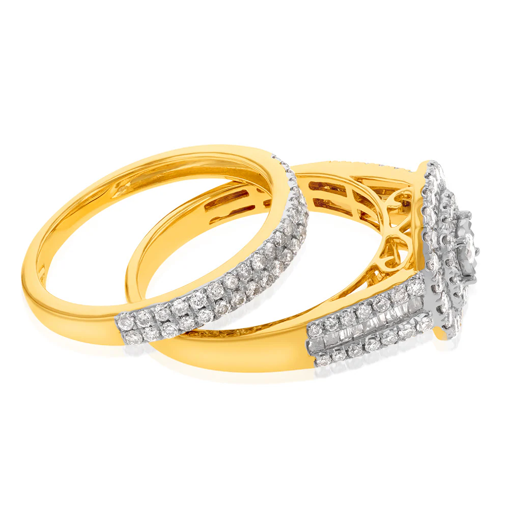 9ct Yellow Gold 1 Carat  Diamond Cushion Shape Cluster Bridal 2-Ring Set - Image 2
