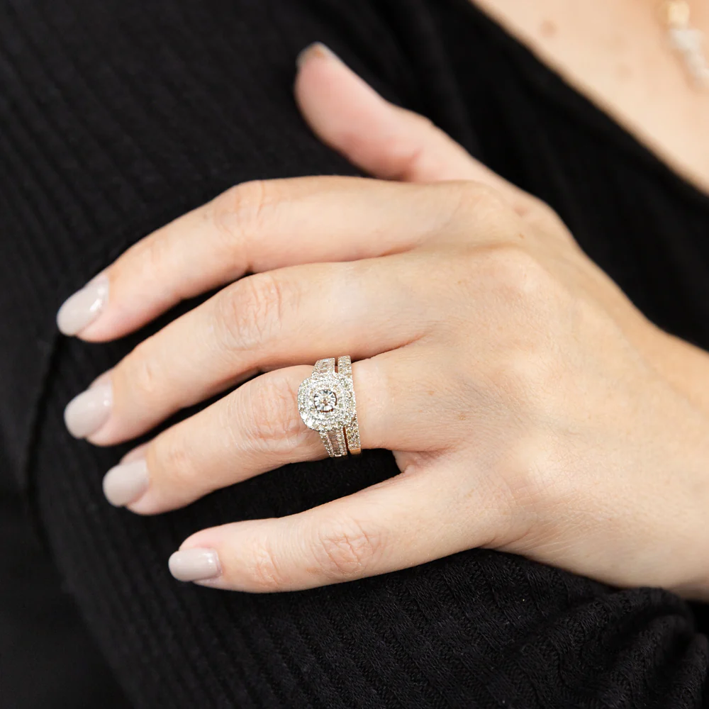 9ct Yellow Gold 1 Carat  Diamond Cushion Shape Cluster Bridal 2-Ring Set - Image 3