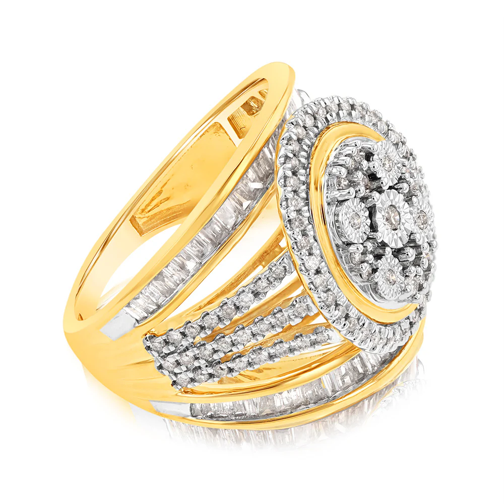9ct Yellow Gold 1 Carat Diamond Oval Cushion Shape Cluster Dress Ring - Image 2