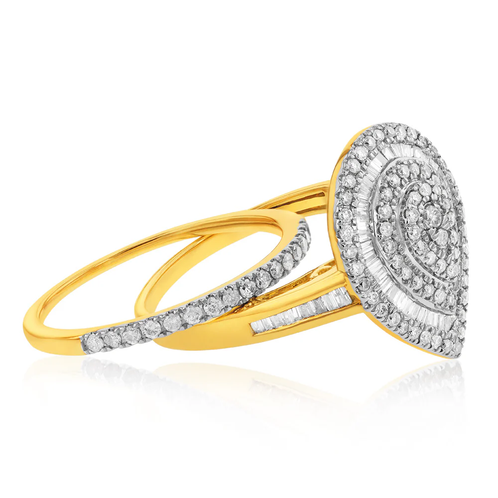 9ct Yellow Gold 1 Carat  Diamond Pear Shape Cluster 2-Ring Bridal Set - Image 2