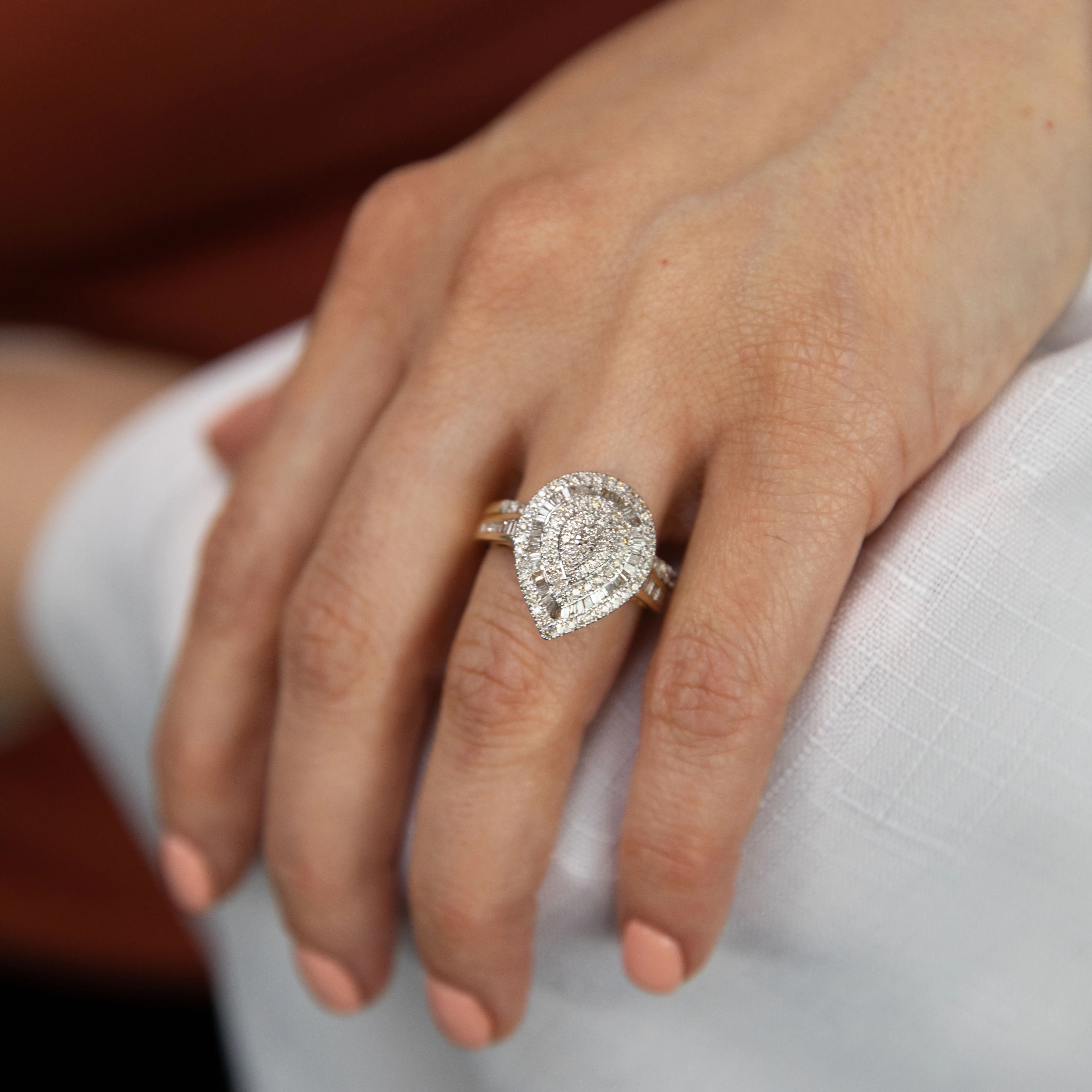 9ct Yellow Gold 1 Carat  Diamond Pear Shape Cluster 2-Ring Bridal Set - Image 3