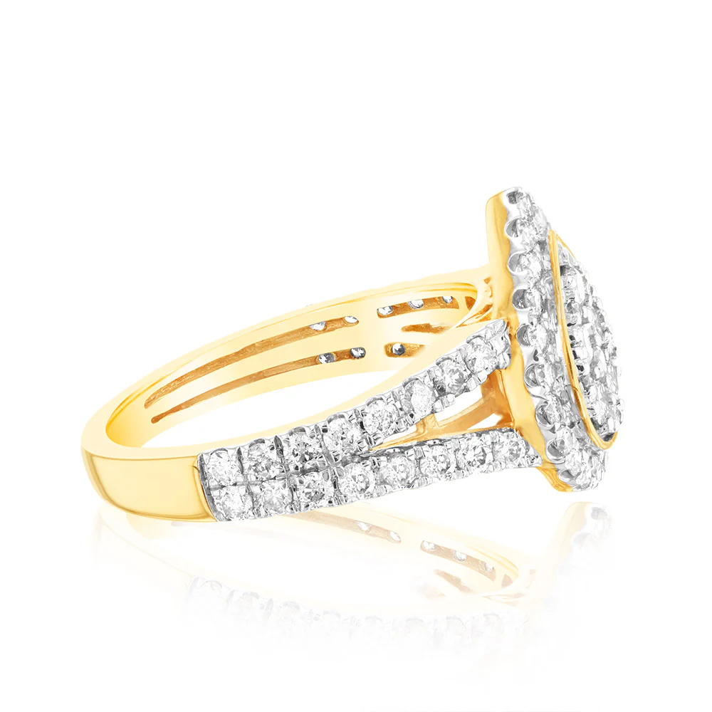 9ct Yellow Gold 1 Carat Diamond Pear Shape Cluster Split Shank Ring - Image 2