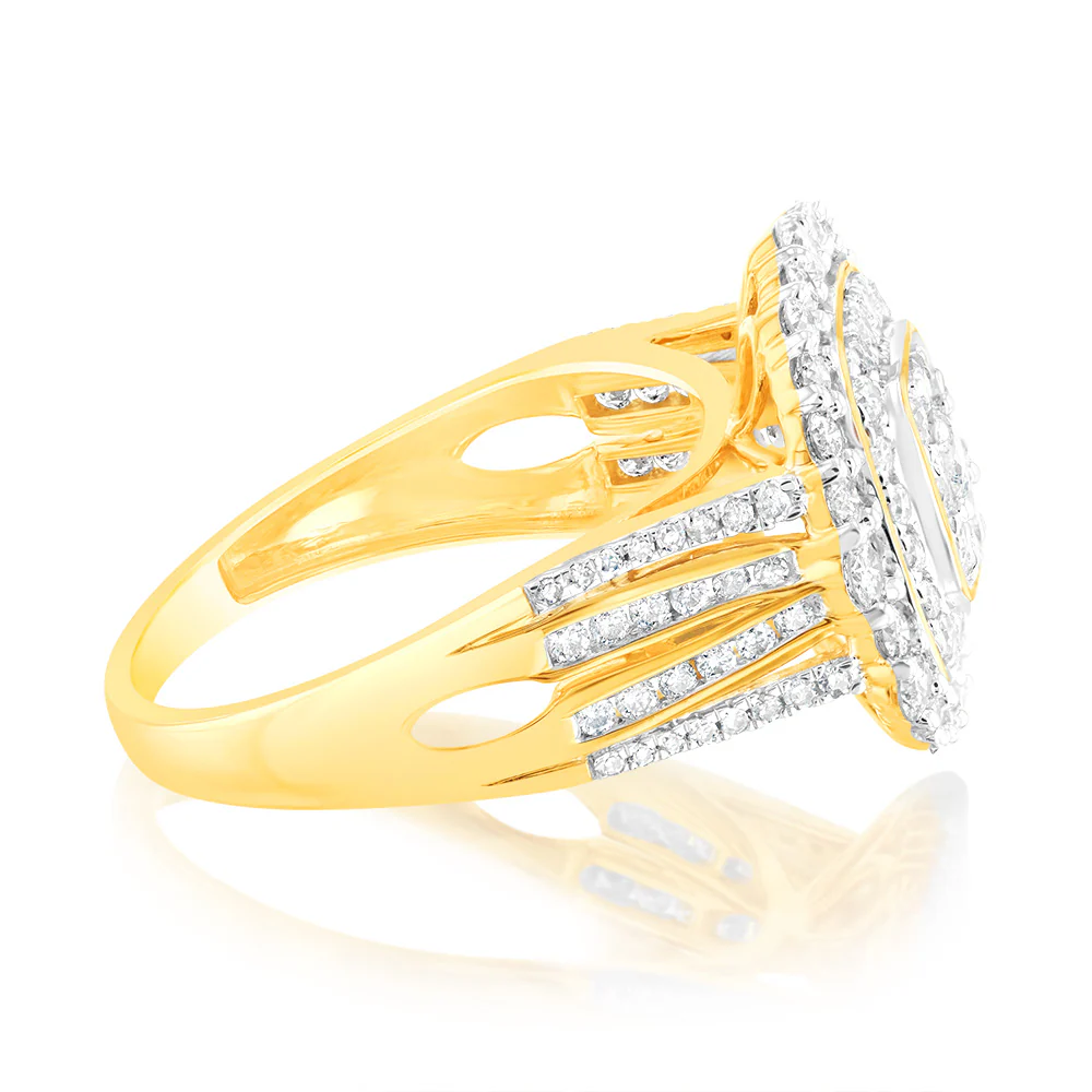9ct Yellow Gold 1 Carat Diamond Ring with 107 Round Brilliant and Baguette Diamonds - Image 2