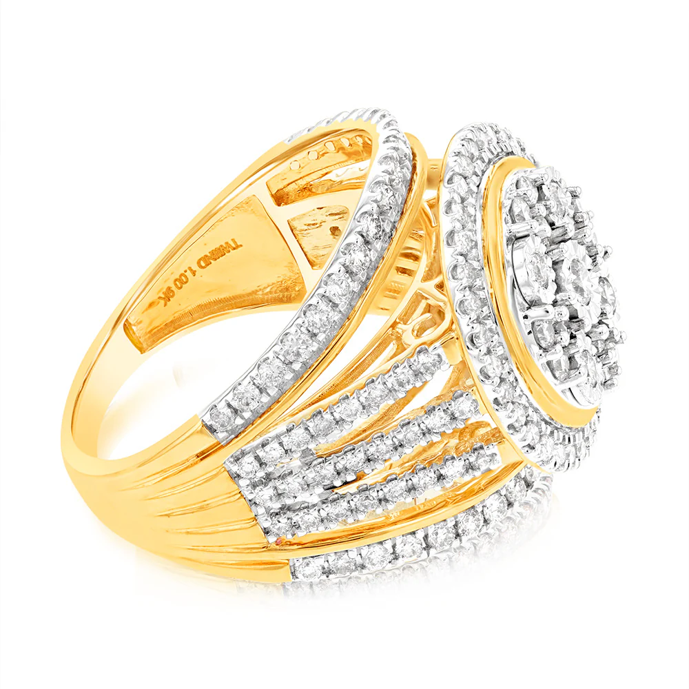 9ct Yellow Gold 1 Carat Diamond Round Cushion Shape Cluster Dress Ring - Image 2