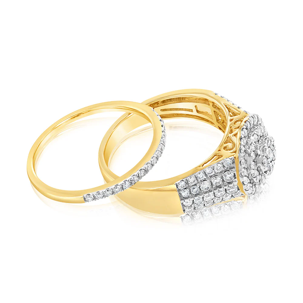 9ct Yellow Gold 1 Carat  Diamond Round Shape Cluster Bridal 2-Ring Set - Image 2