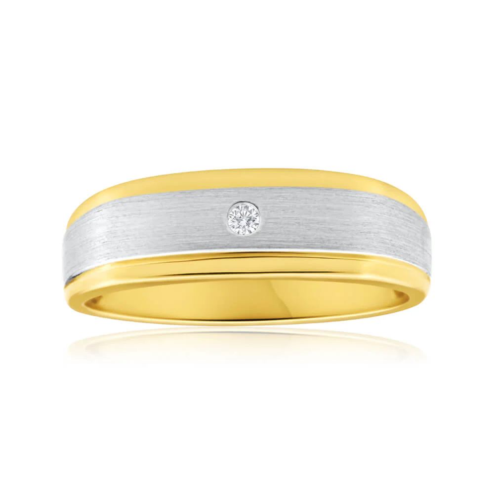 9ct Yellow Gold 1 Diamond Mens Ring with White Gold Rhodium - Image 2