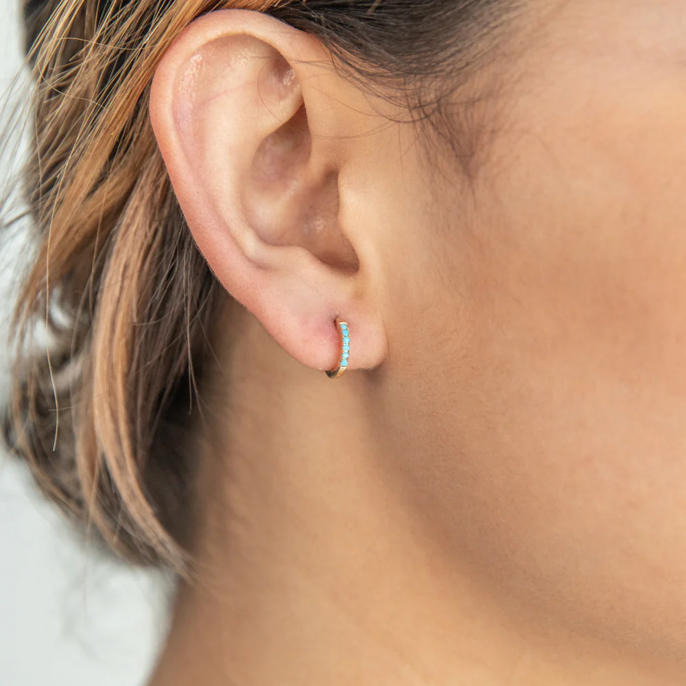 9ct Yellow Gold 10mm Created Turquoise Huggie Hoops - Image 2