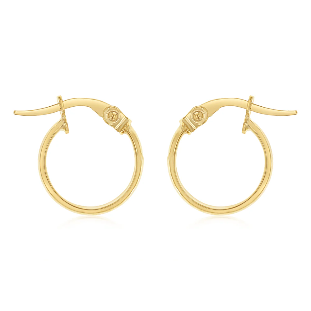 9ct Yellow Gold 10mm Diamond Cut Hoop Earrings - Image 2
