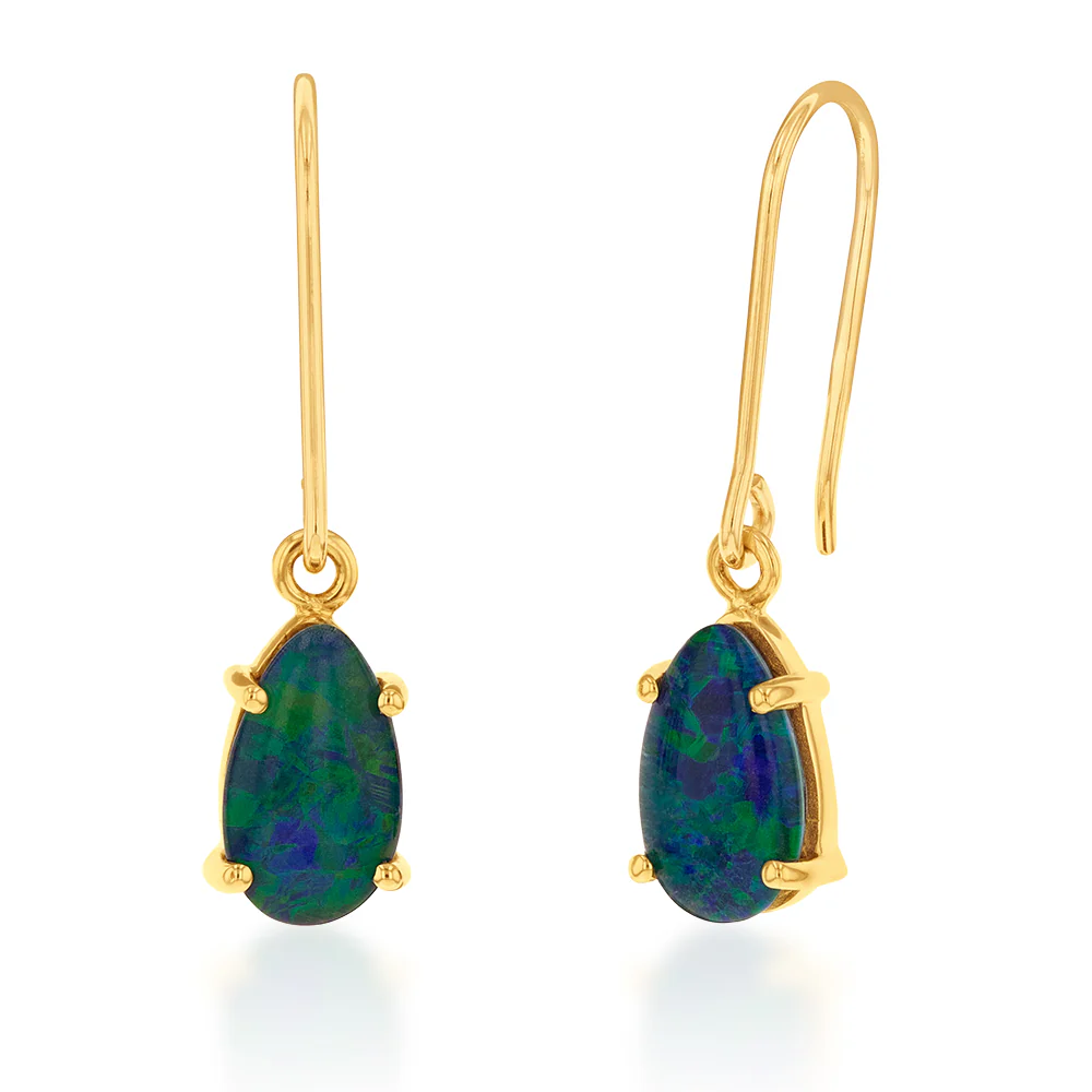 9ct Yellow Gold 10x7mm Triplet Opal Hook Drop Earrings - Image 3