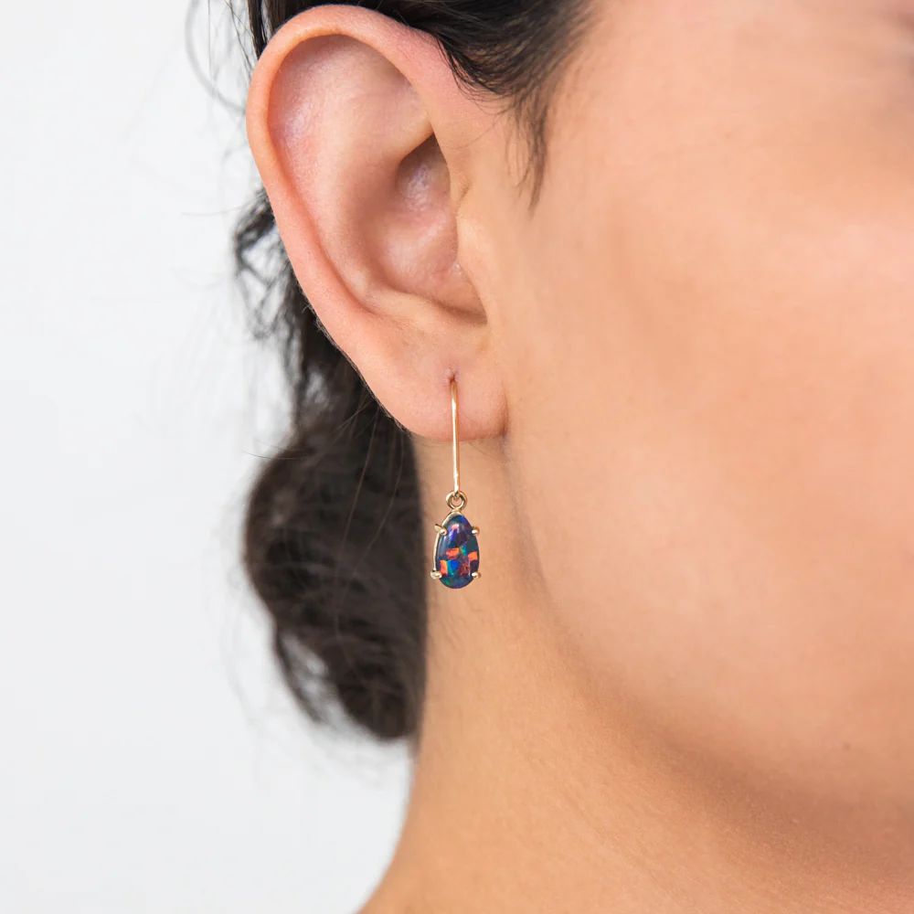 9ct Yellow Gold 10x7mm Triplet Opal Hook Drop Earrings - Image 4