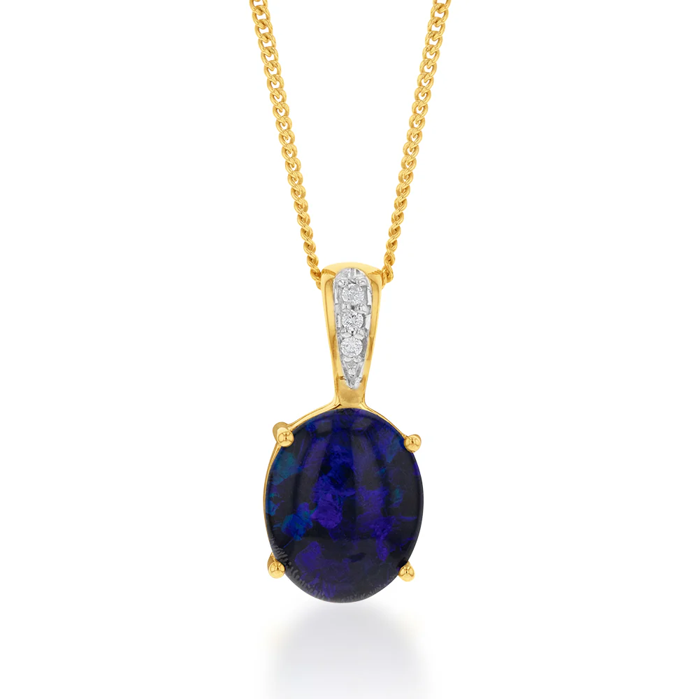 9ct Yellow Gold 11x9mm Oval Opal Diamond Set Pendant - Image 3