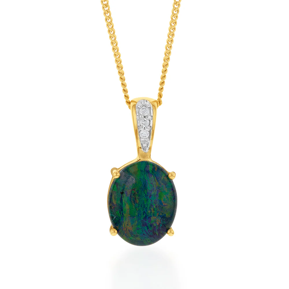 9ct Yellow Gold 11x9mm Oval Opal Diamond Set Pendant - Image 4
