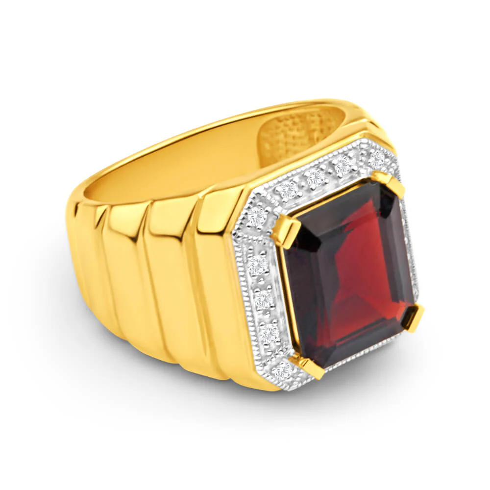 9ct Yellow Gold 12x10mm Emerald Cut Garnet and Diamond Halo Gents Ring - Image 2