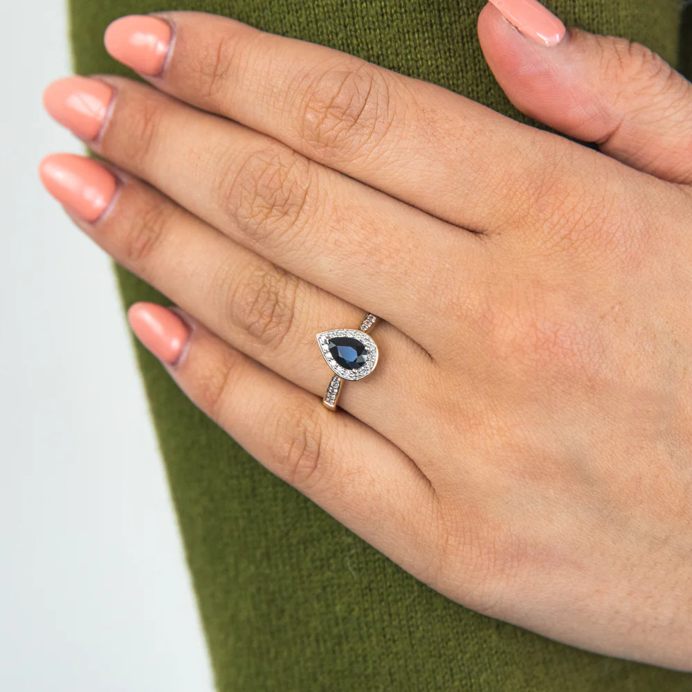 9ct Yellow Gold 1ct Natural Sapphire and 1/5 Carat Diamond Pear Halo Ring - Image 2